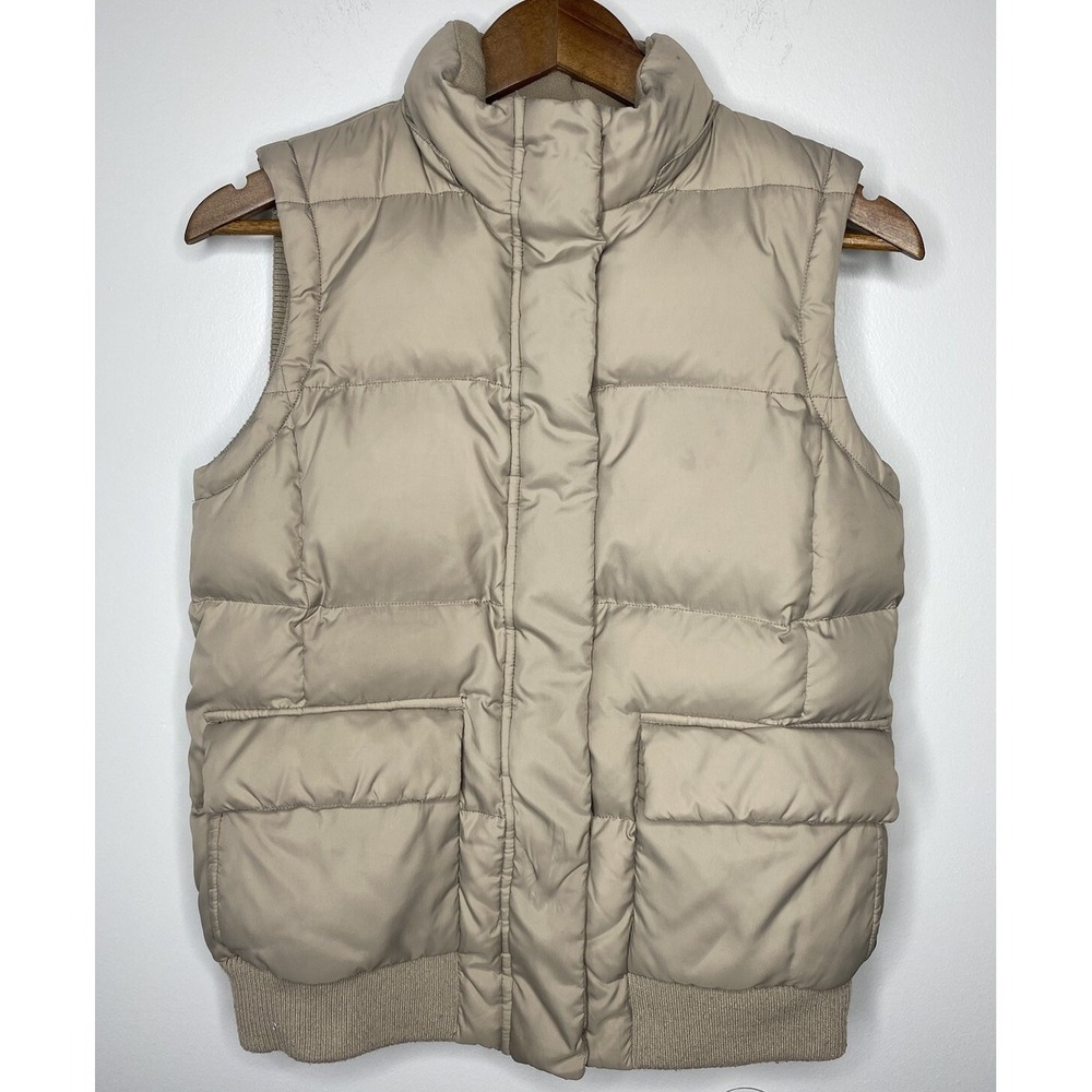 Gap‎ Down Puffer Vest Women's Small Tan Pockets Zip Snap Closure Cozy Warm Thick